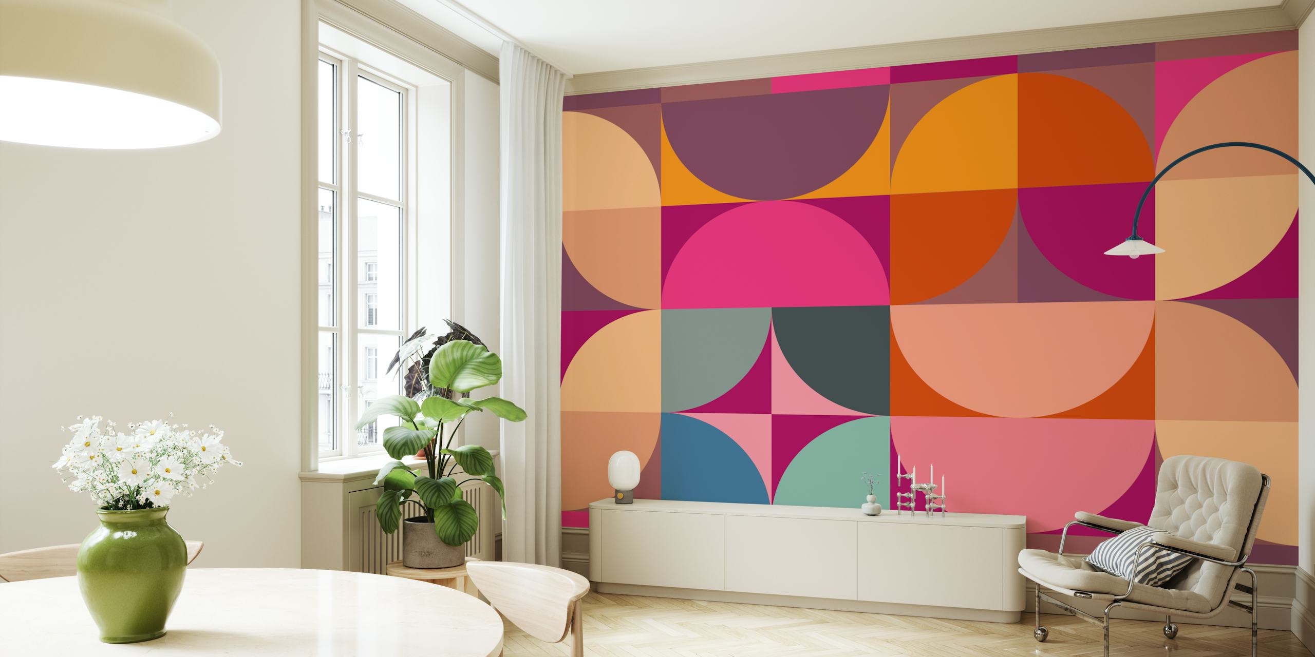 Mid-Century Spring Geometry wall mural with harmonious geometric shapes in purple, orange, and pink hues